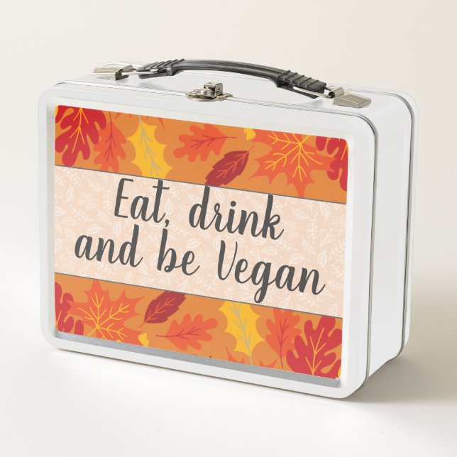 Eat drink be vegan autumn colours fallen leaves metal lunch box (Front)