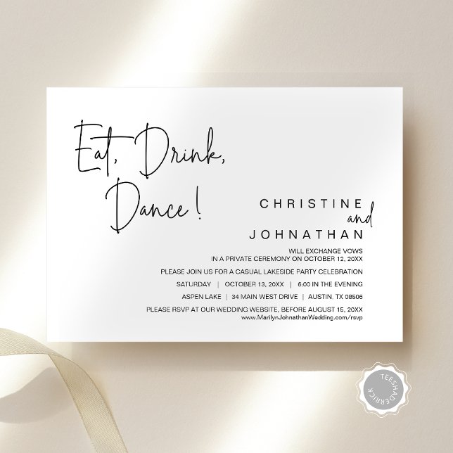 Eat, Drink, Dance, Casual Wedding Elopement Party Invitation (Eat, Drink, Dance, Casual Modern Wedding Elopement Party and Dinner Celebration Invitation Card)