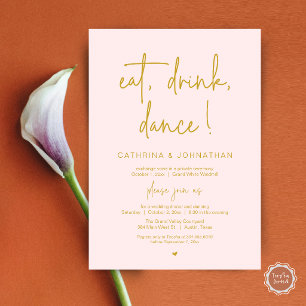 Eat, Drink, Dance, Elegant Gold Blush Elopement Invitation