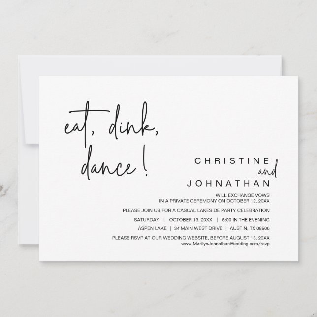 Eat, Drink, Dance, Wedding Elopement Dinner Invitation (Front)