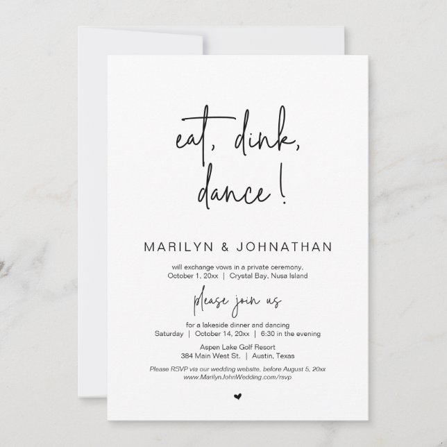 Eat, Drink, Dance, Wedding Elopement Dinner Party  Invitation (Front)