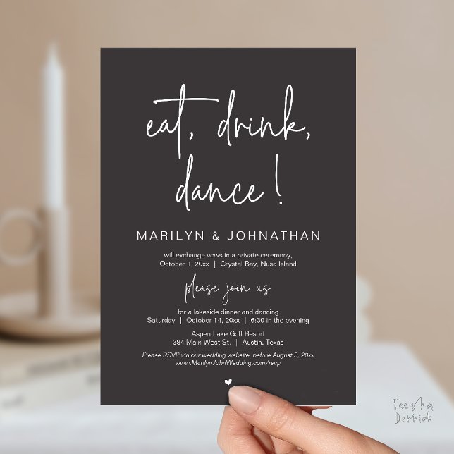 Eat, Drink, Dance, Wedding Elopement Dinner Party  Invitation (Eat, Drink, Dance, Wedding Elopement Dinner Party Invitation Card in Charcoal Grey)