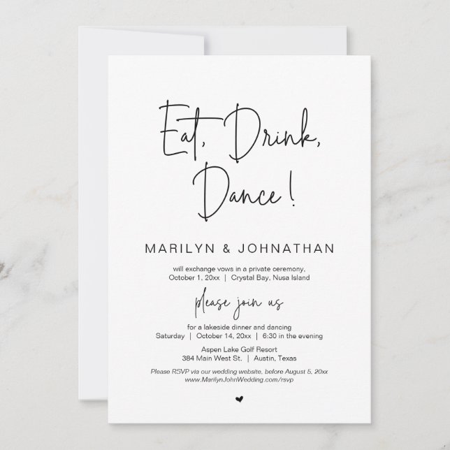 Eat, Drink, Dance, Wedding Elopement Dinner Party Invitation (Front)