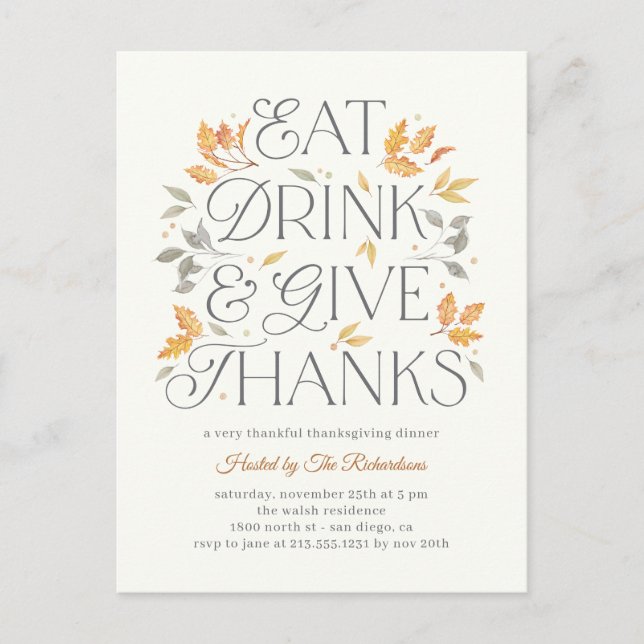 Eat Drink Give Thanks Thanksgiving Dinner Party Postcard (Front)