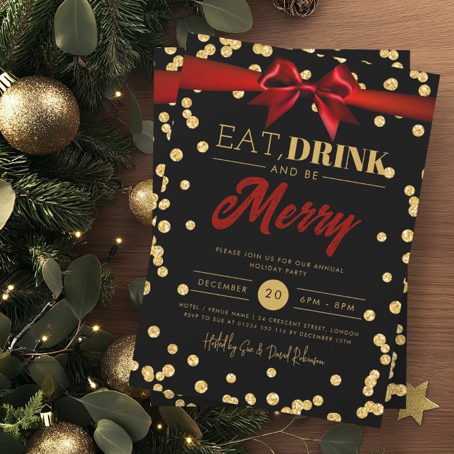 Eat Drink Gold Black Glitter Holiday Xmas Bow Invitation (Creator Uploaded)