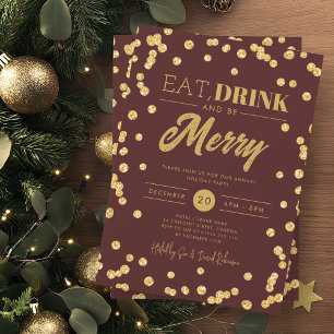 Eat Drink Gold Burgundy Glitter Holiday Xmas Invitation