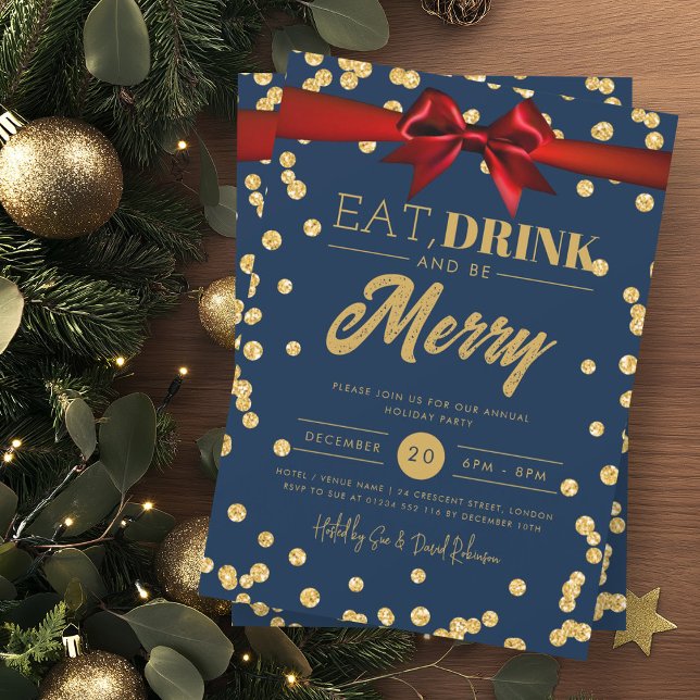 Eat Drink Gold Navy Glitter Holiday Xmas Bow Invitation (Creator Uploaded)
