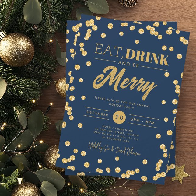 Eat Drink Gold Navy Glitter Holiday Xmas  Invitation (Creator Uploaded)