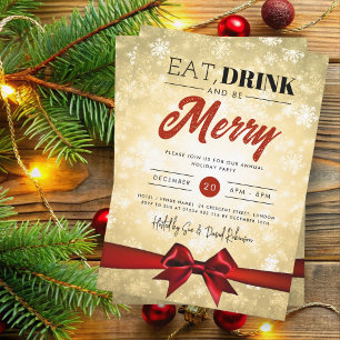 Eat, Drink Gold Winter Wonderland Holiday Xmas Bow Invitation