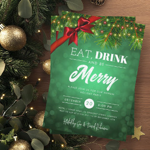 Eat Drink Green Pine Lights Holiday Xmas  Invitation