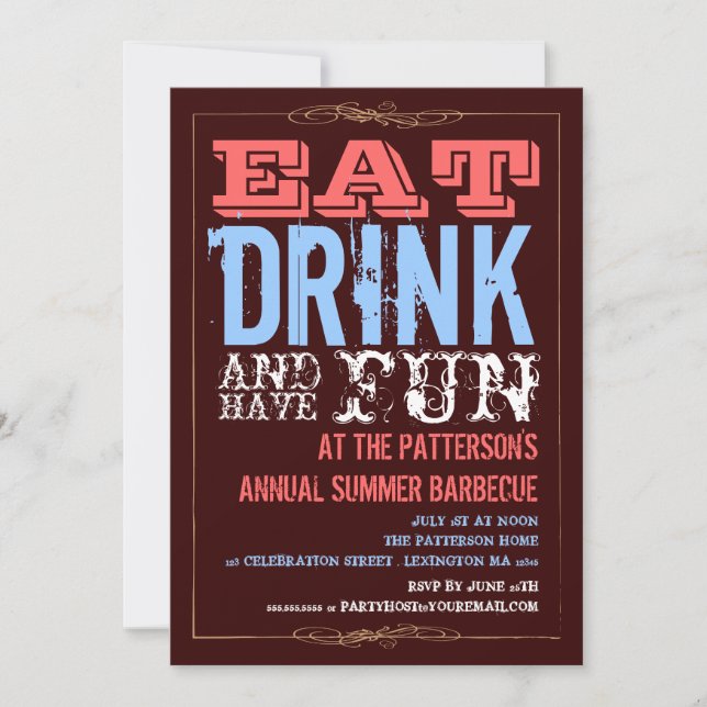Eat, Drink & Have Fun at a Summer BBQ Party Invitation (Front)