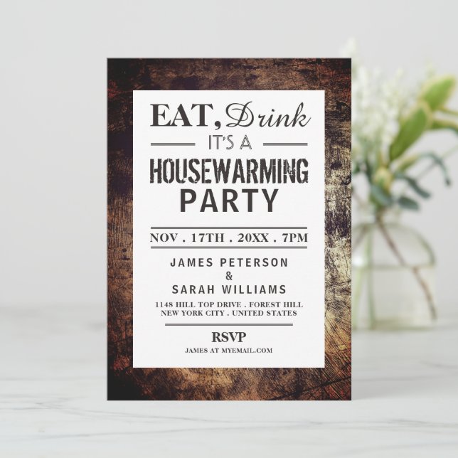 Eat, Drink Housewarming Party Dirt Brown Invite (Standing Front)