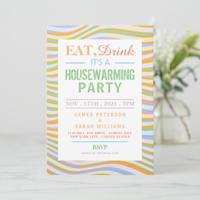 Eat, Drink Housewarming Party Wavy Lines Invite (Standing Front)