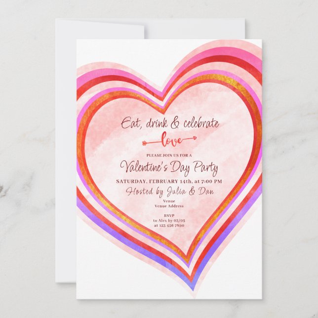 Eat Drink & Love Hearts Watercolor Valentine Party Invitation (Front)
