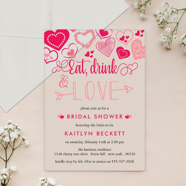 "Eat, Drink & Love" Valentine's Day Bridal Shower Acrylic Invitations (Creator Uploaded)