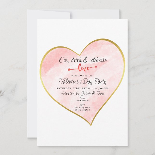 Eat Drink & Love Watercolor Gold Heart Vday Party Invitation (Front)