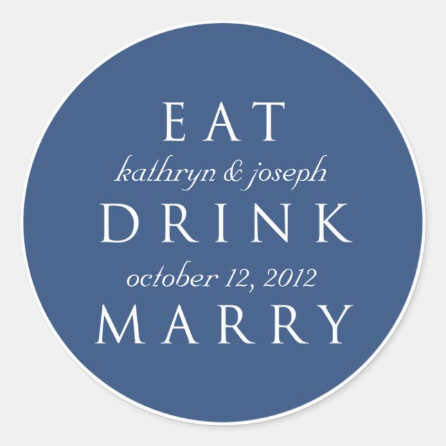 EAT DRINK MARRY navy blue wedding favour label (Front)