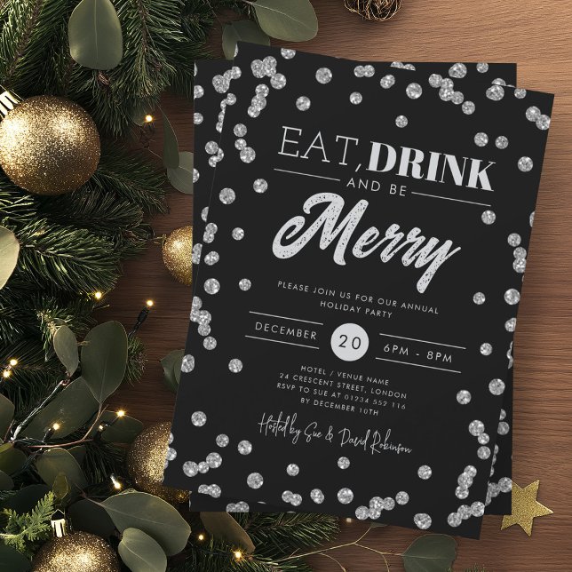 Eat Drink Merry Silver Black Glitter Holiday Xmas  Invitation (Creator Uploaded)