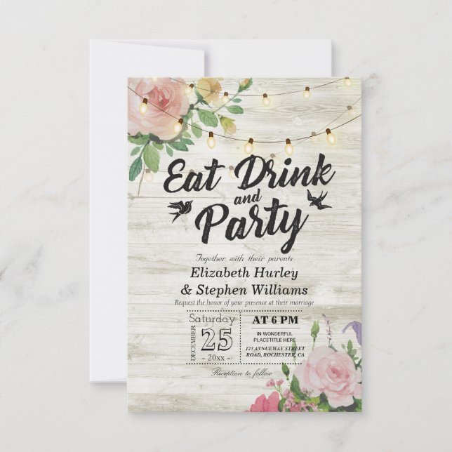 EAT Drink Party Rustic Floral String Light Wedding Invitation (Front)