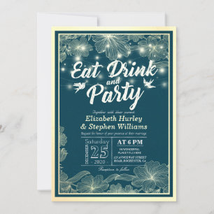 EAT Drink & Party Wedding Blue Gold Flowers Lights Invitation