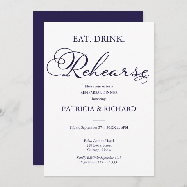 Eat Drink Rehearse Elegant Script Rehearsal Dinner Invitation (Front/Back)