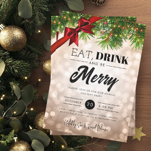 Eat Drink Rose Gold Pine Lights Holiday Xmas  Invitation