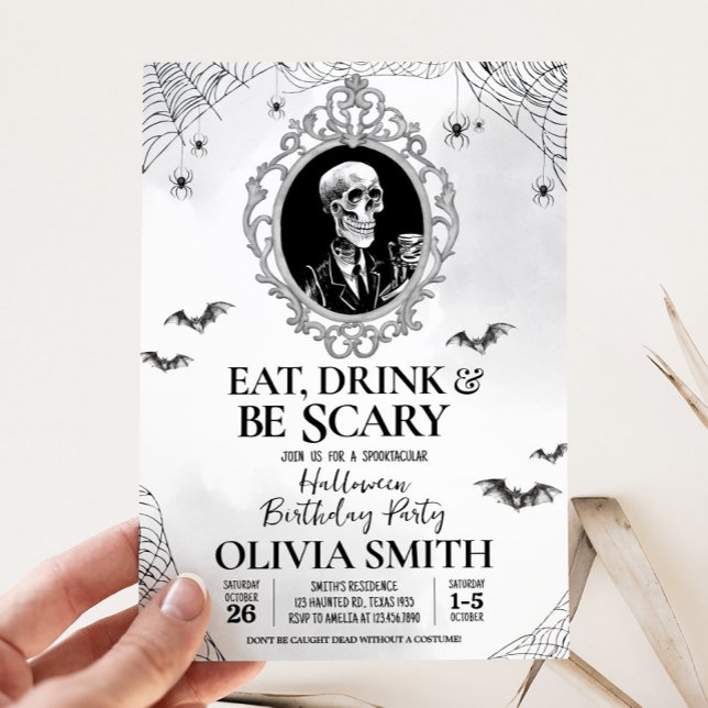 Eat Drink & Scary Gothic Halloween Birthday Party Invitation (Gothic Skull Eat Drink and Scary Halloween Party Invitation)