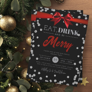 Eat Drink Silver Black Glitter Holiday Xmas Bow Invitation