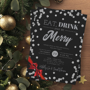 Eat, Drink Silver Glitter Xmas Ribbon Black Invitation