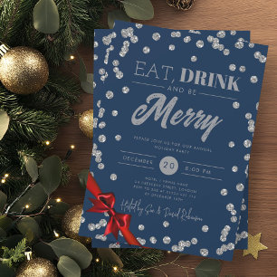Eat, Drink Silver Glitter Xmas Ribbon Navy  Invitation