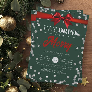 Eat Drink Silver Green Glitter Holiday Xmas Bow Invitation