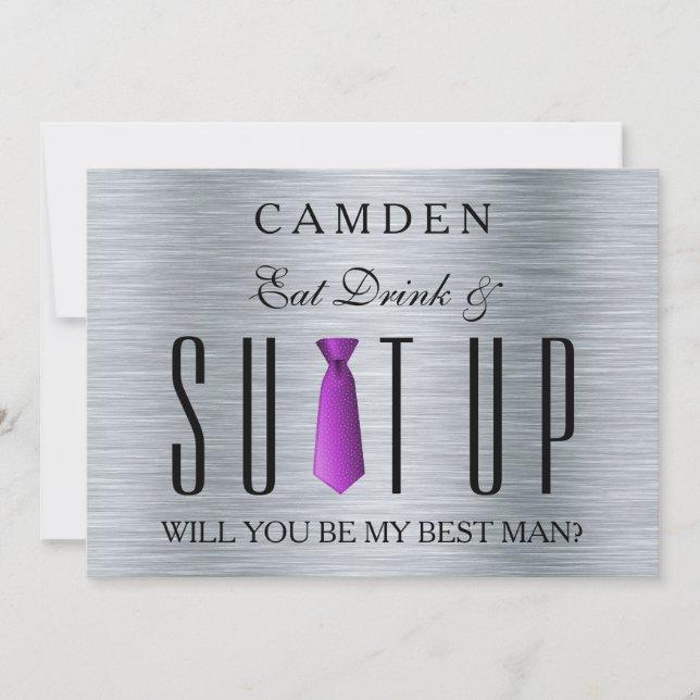 Eat Drink & Suitup Purple Will you be my Bestman Invitation (Front)
