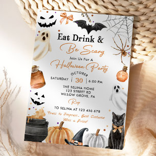 Eat Drinks & Be Scary Halloween Party Pumpkin Invitation