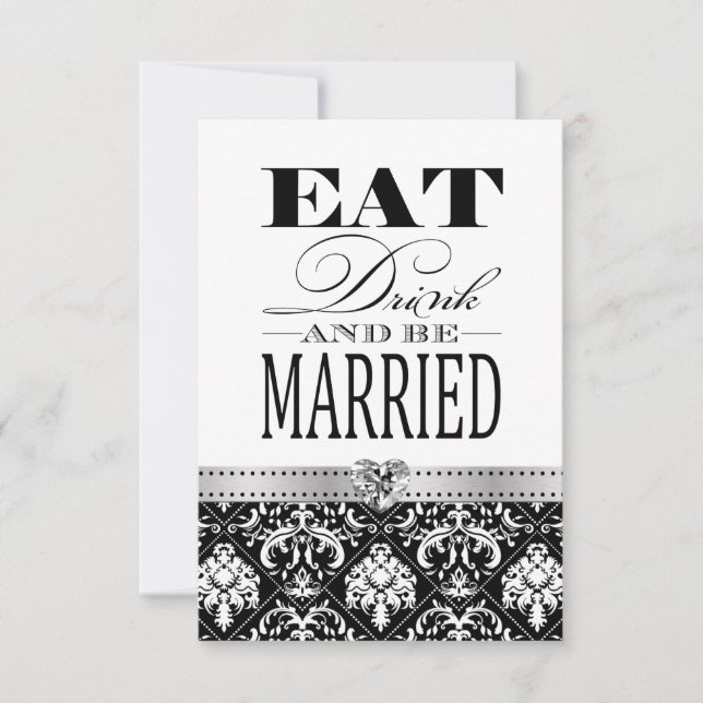 Eat Love and be Married - Black / White Damask RSVP Card (Front)