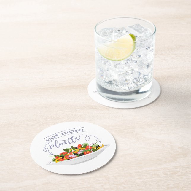 Eat more plants fresh salad motivation lettering round paper coaster (Insitu)