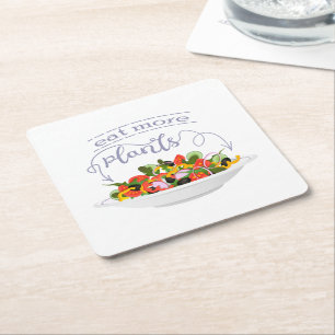 Eat more plants fresh salad motivation lettering square paper coaster