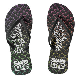 "Eat My Bubbles" Black/Rainbow scales Swim Life Thongs