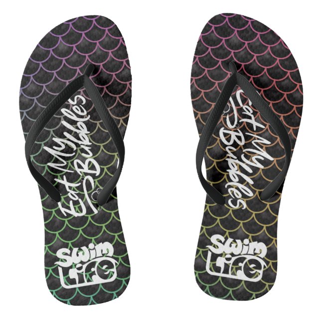 "Eat My Bubbles" Black/Rainbow scales Swim Life Thongs (Footbed)