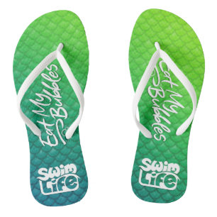 "Eat My Bubbles" Green/Teal scales Swim Life Thongs