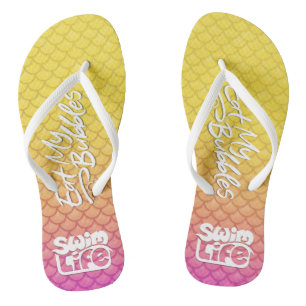 "Eat My Bubbles" Yellow/Pink scales Swim Life Thongs