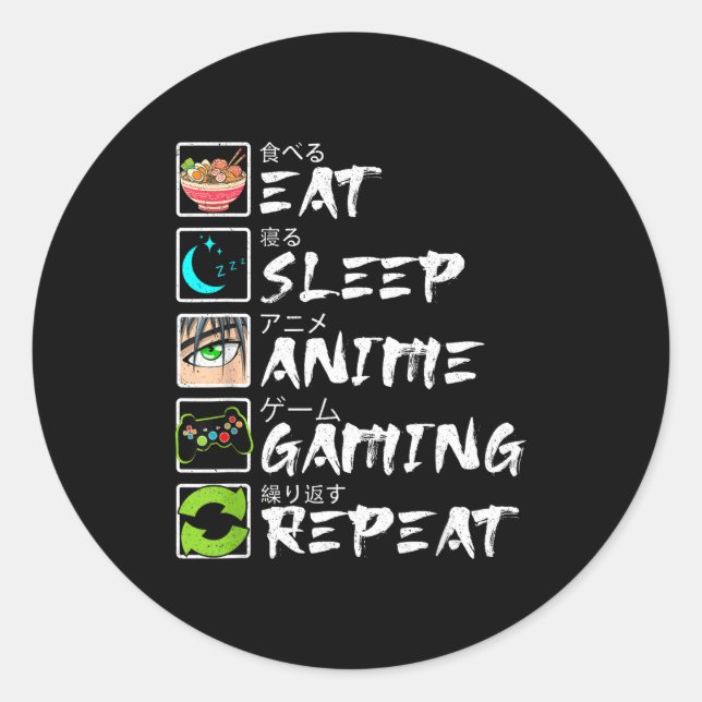 Eat Sleep Anime Gaming Repeat Gamer Men Teen Boy A Classic Round Sticker (Front)