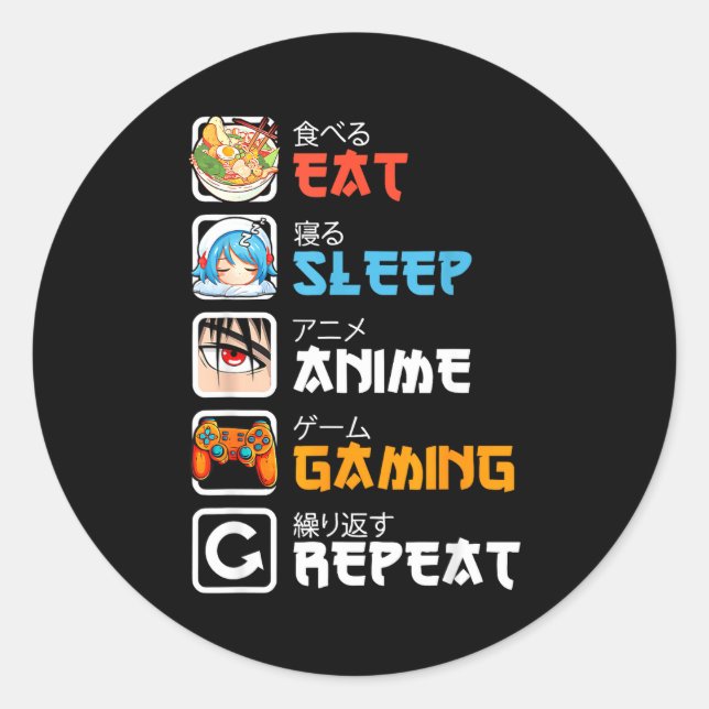 Eat Sleep Anime Gaming Repeat Gamer Men Teen Boy G Classic Round Sticker (Front)