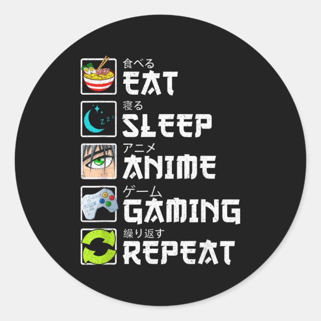 Eat Sleep Anime Gaming Repeat Kawaii Otaku Anime M Classic Round Sticker (Front)