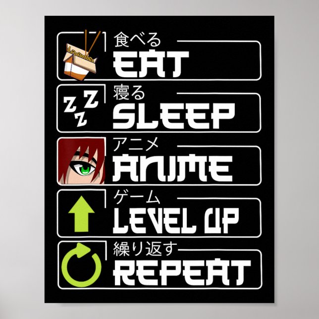 Eat Sleep Anime Level Up Repeat Otaku Anime Manga  Poster (Front)