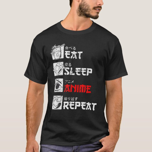 Eat Sleep Anime Repeat Manga Japan Kanji Weeb Vint T-Shirt (Front)
