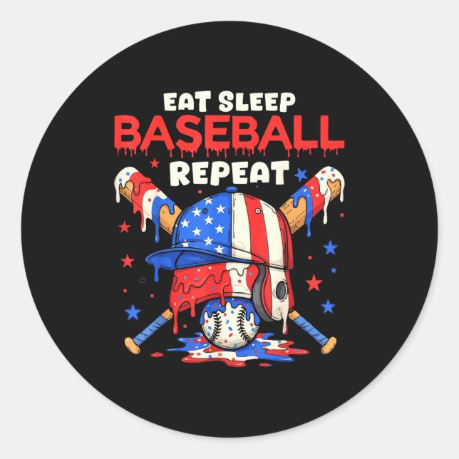 Eat Sleep Baseball Repeat Funny Ice Cream Drip Cro Classic Round Sticker (Front)