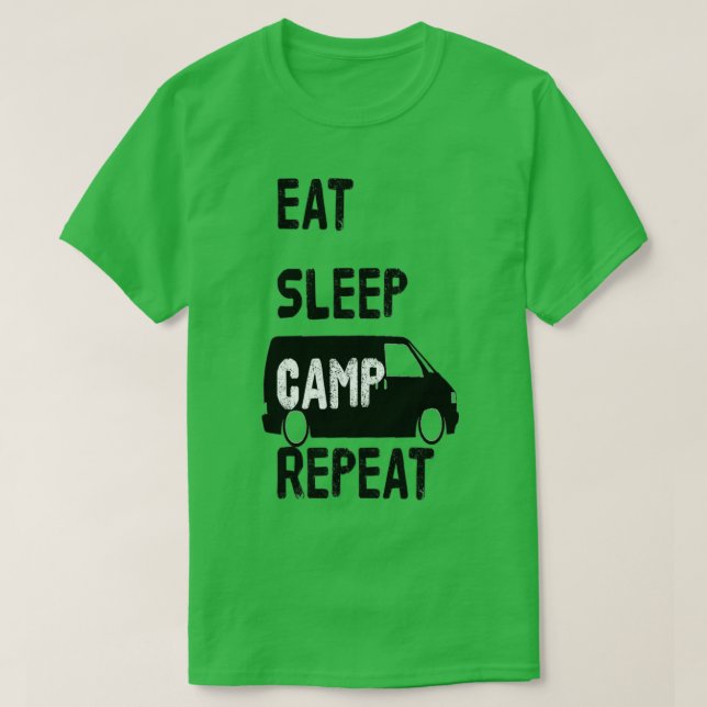 EAT SLEEP CAMP REPEAT T4 black T-Shirt (Design Front)