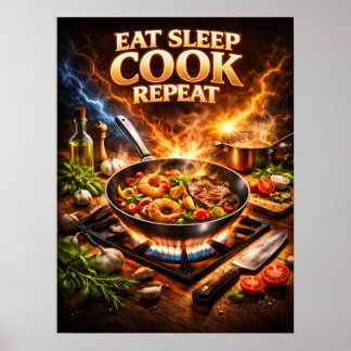 Eat Sleep Cook Retro Poster