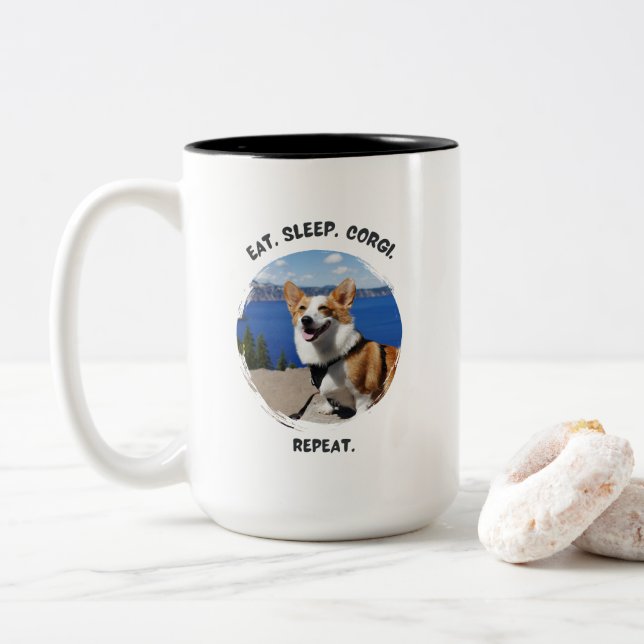 'Eat. Sleep. Corgi. Repeat.' Customisable Photo  Two-Tone Coffee Mug (With Donut)