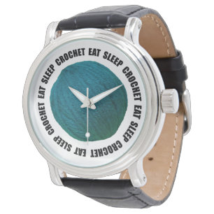 Eat Sleep Crochet Yarn Ball Teal Bold Text Watch